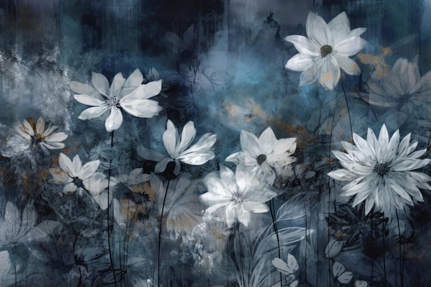 A painting of white flowers with the word love on it