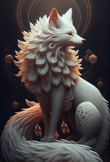 Painting of a white fox on a black background generative ai