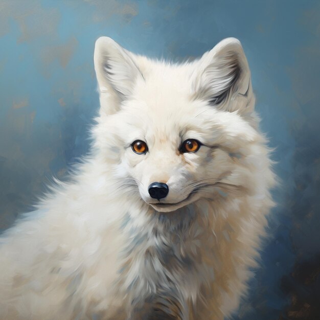 A painting of a white fox with blue eyes sits in a dark cave