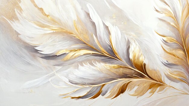 Painting of a white and gold feather with a gold leaf generative ai