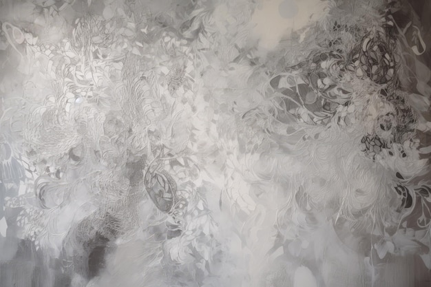 A painting of white and gray flowers on a wall generative AI