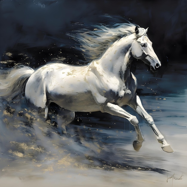 A painting of a white horse running in the water.