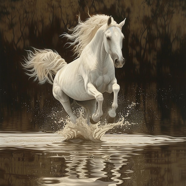 a painting of a white horse in water with trees in the background