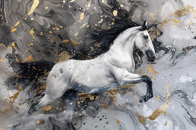 a painting of a white horse with black mane and tail