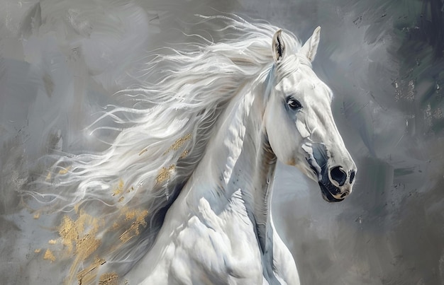 a painting of a white horse with a mane of hair