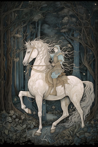 A painting of a white horse with a woman on it.