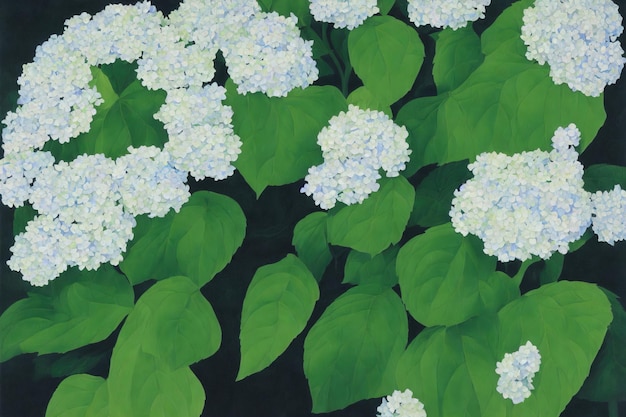 Painting of White Hydrangea Flower with Green Leaves