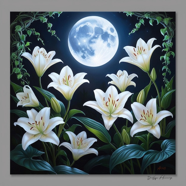 Photo a painting of a white lily with the moon in the background