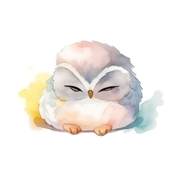 A painting of a white owl with a yellow beak and a black eye.