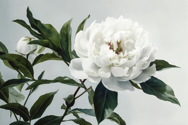 Photo a painting of a white peony with green leaves and a white flower on the left.