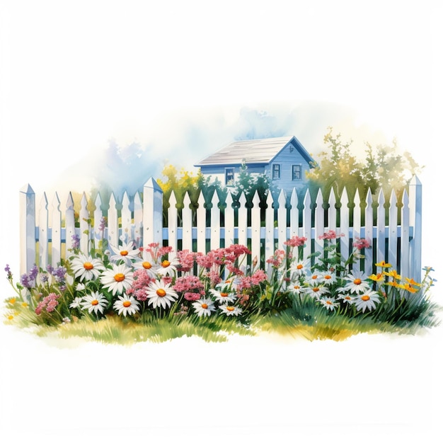 Painting of a white picket with flowers and a blue house generative ai