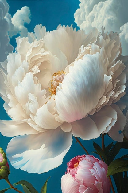 Painting of white and pink flowers against a blue sky generative ai