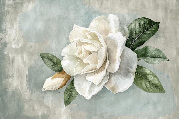 Photo a painting of a white rose with green leaves