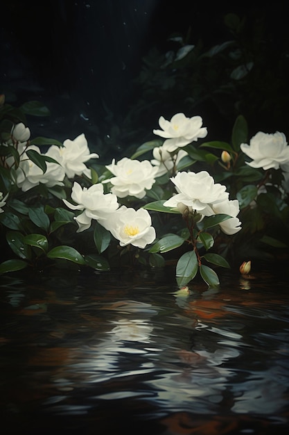 A painting of a white rose with green leaves