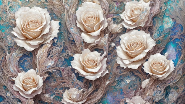 A painting of white roses with a blue background.