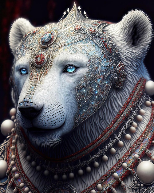 A painting of a white tiger with blue eyes and a silver necklace.