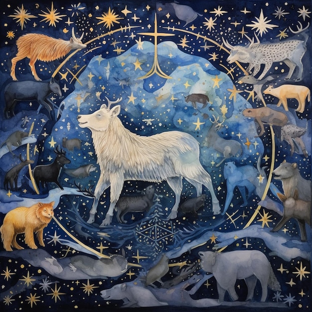 Painting of a white wolf surrounded by animals in a starry sky generative ai