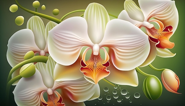 A painting of a white and yellow orchid with green leaves and water drops.