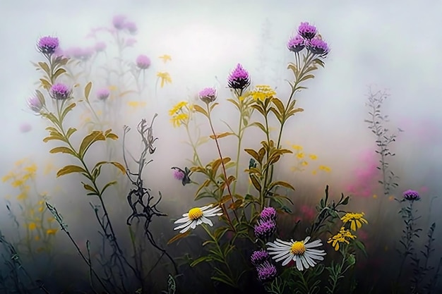 A painting of wild flowers with a butterfly on the top.