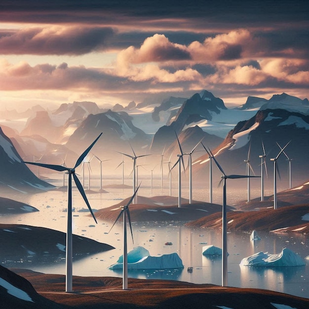 a painting of a wind farm with a boat in the water and mountains in the background