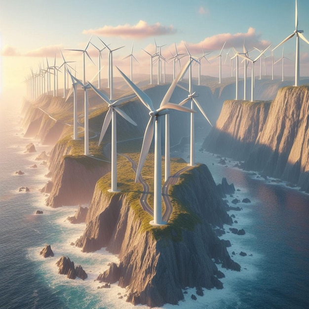 a painting of wind turbines on a cliff with the ocean in the background