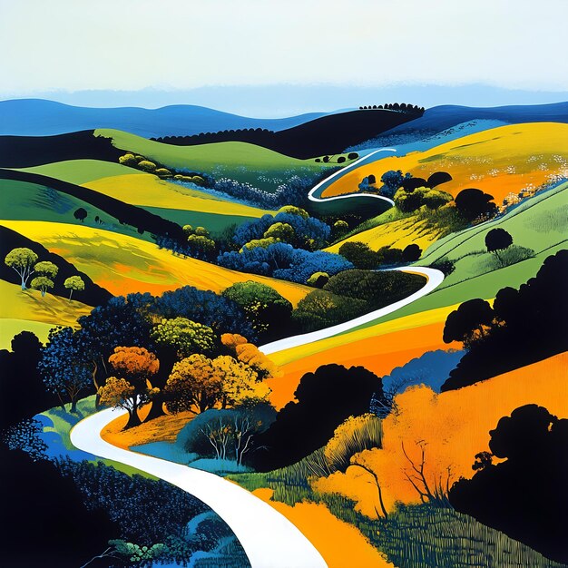 A painting of a winding road with trees and hills in the background