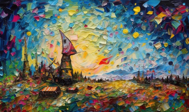 A painting of a windmill in the sunset