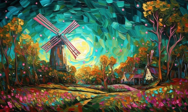 A painting of a windmill with a blue sky and the word windmill on it.