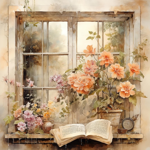 painting of a window with a book and flowers on a ledge generative ai