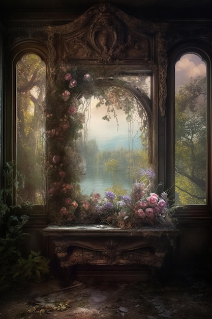 A painting of a window with flowers on it