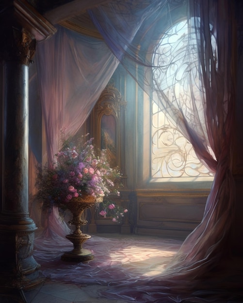 A painting of a window with a vase of flowers in it.