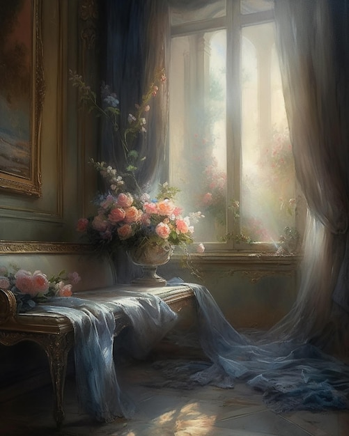 A painting of a window with a vase of flowers on it