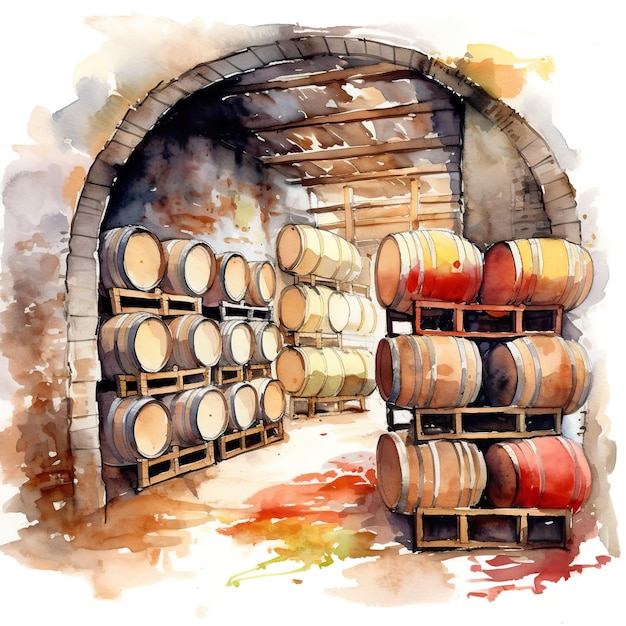 A painting of a wine cellar with barrels generative ai image