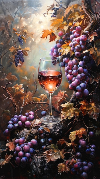 a painting of a wine glass with a wine glass and a grape