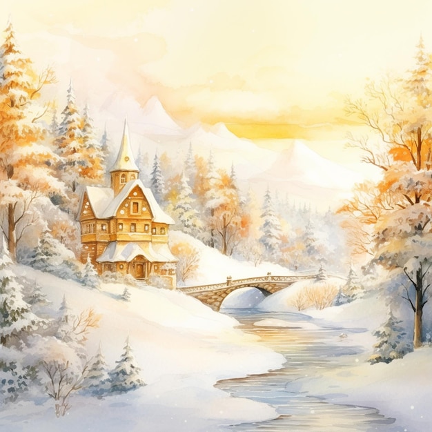 painting of a winter scene with a bridge and a church generative ai