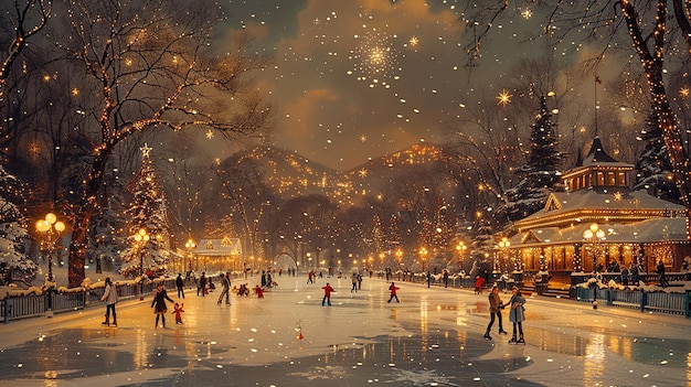 a painting of a winter scene with people skating on ice skating