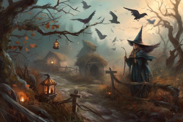 A painting of a witch in a dark forest with bats and a cemetery.