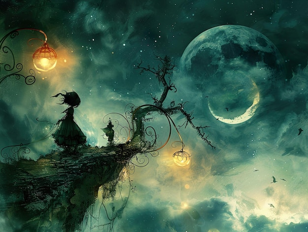 a painting of a witch flying over a world with a moon in the background