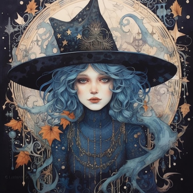 A painting of a witch with a black hat and gold leaves on her head.