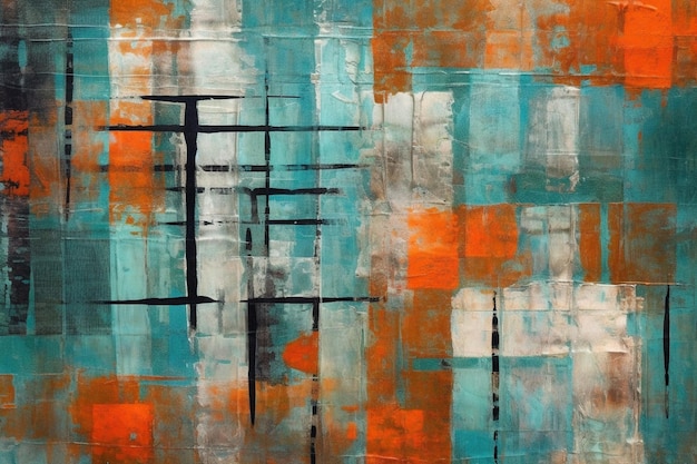 A painting with a blue and orange background and black lines.