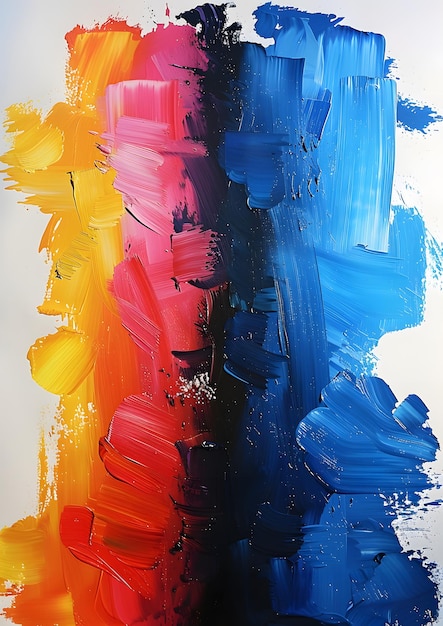 A painting with a blue stripe in the middle and red and yellow stripes on either side The painting is abstract and has a lot of texture