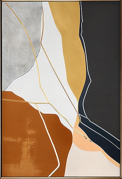 A painting with a brown background and gold and white colors.