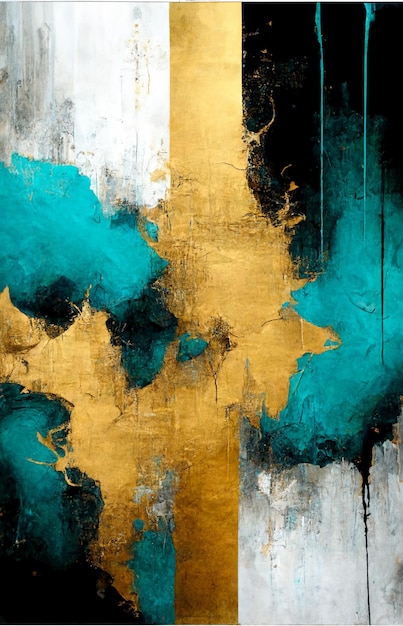 A painting with a gold and teal background