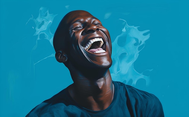 A painting with a man laughing in the blue background