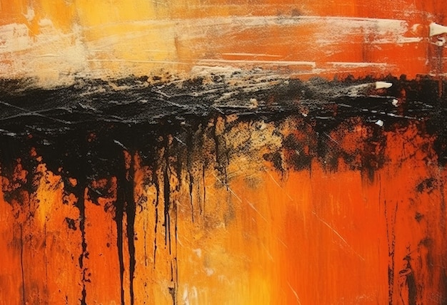 A painting with orange and black paint and black and orange paint.