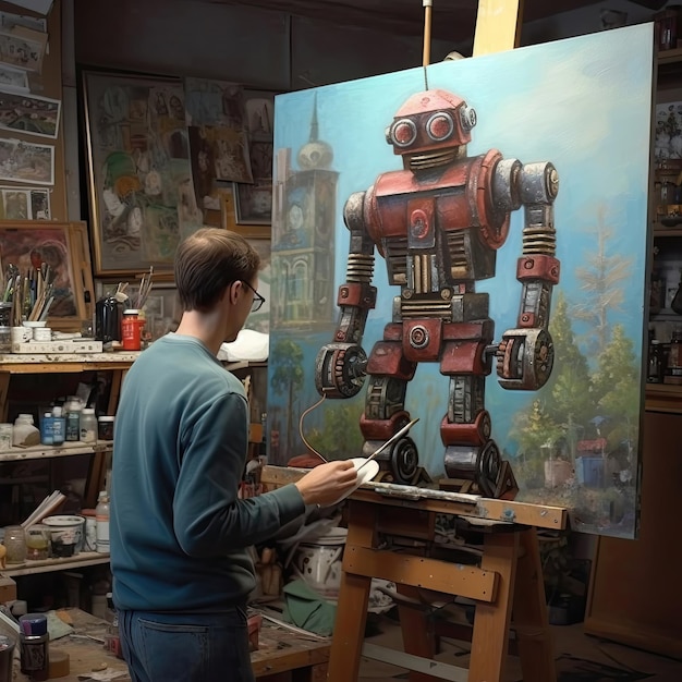 Painting with a painted robot in the workshop