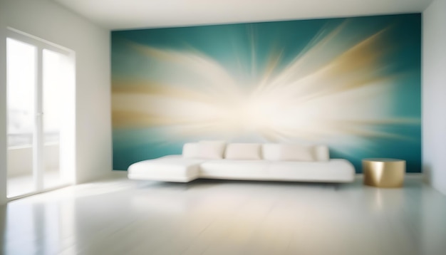 Photo a painting with a yellow and blue background with a white sofa