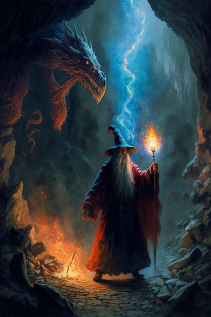 Painting of a wizard and a dragon in a cave generative ai