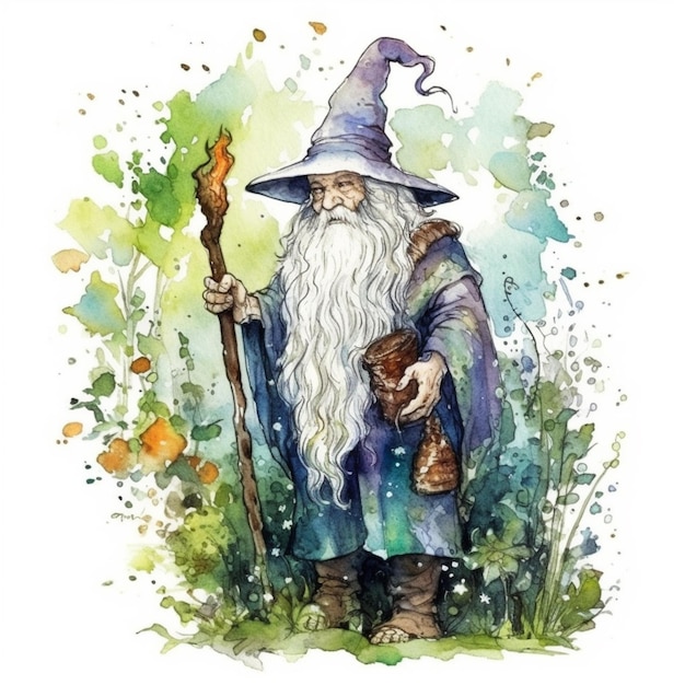 a painting of a wizard with a staff and a hat generative ai