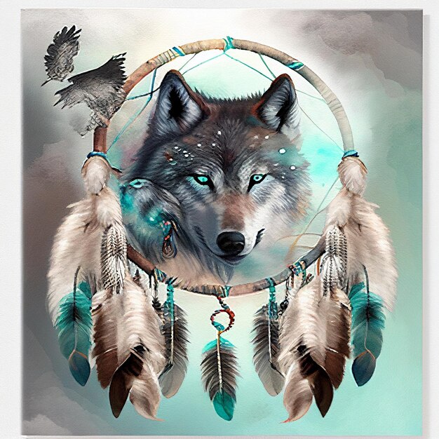 A painting of a wolf dream catcher with a bird on it.